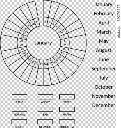Mood tracker blank with numbers and months. Bullet journal monochrome template. Mood tracker blank with numbers and months. Bullet journal monochrome template. 89276375