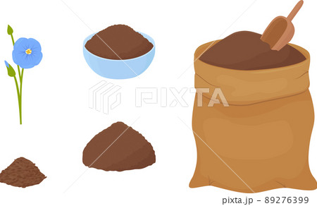 Flax flour heap in blue bowl and brown fabric bag 89276399