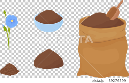 Flax flour heap in blue bowl and brown fabric bag 89276399