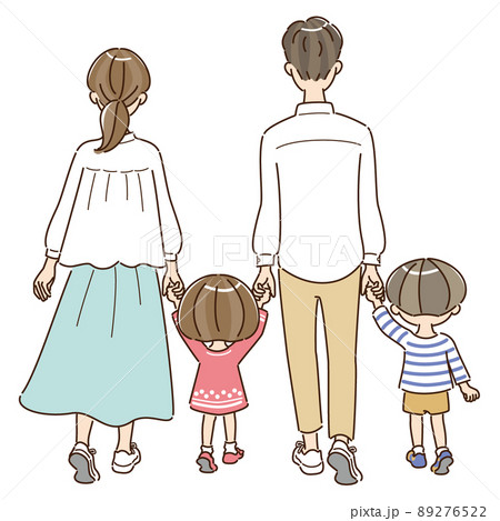 手を繋ぐ 歩く 4人家族 後ろ姿のイラスト素材