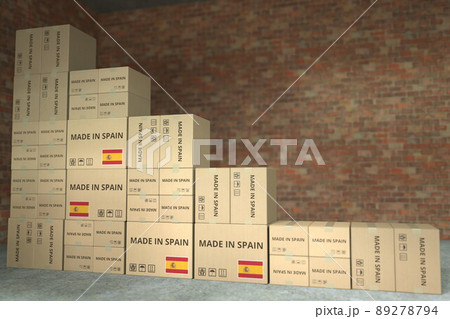 Declining bar chart made with boxes with made in Spain text. Conceptual 3D rendering 89278794