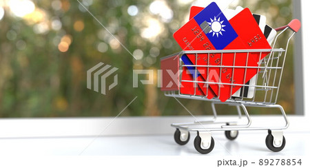 Bank card mockups with flags of Taiwan in a small shopping cart. 3D rendering 89278854