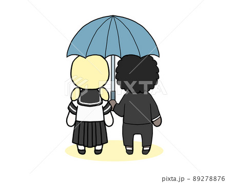 相合傘をして歩く男女の後ろ姿のイラスト 黒人男性と白人女性 のイラスト素材 2776