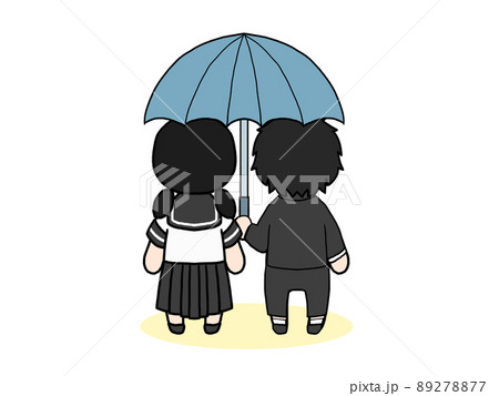 相合傘をして歩く男女の後ろ姿のイラスト 日本人 のイラスト素材 2777