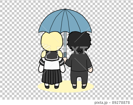 相合傘をして歩く男女の後ろ姿のイラスト（日本人男性と白人女性） 89278878