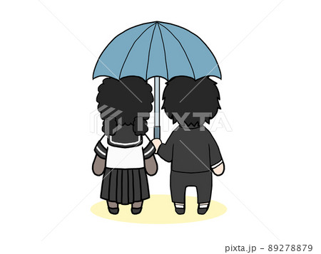 相合傘をして歩く男女の後ろ姿のイラスト 日本人男性と黒人女性 のイラスト素材 2779