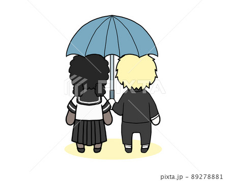 相合傘をして歩く男女の後ろ姿のイラスト 白人男性と黒人女性 のイラスト素材 2781