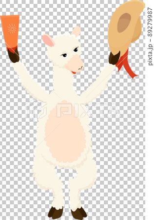 Cartoon llama holds sunscreen and straw hat Cartoon llama holds sunscreen and straw hat 89279987