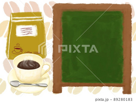 手描き風でコーヒー豆とコーヒーカップと黒板でカフェのお知らせを 89280183