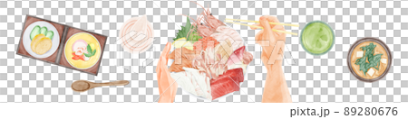 上から見た海鮮丼の手描き水彩風イラスト 89280676