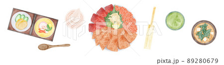 上から見た海鮮丼の手描き水彩風イラスト 89280679