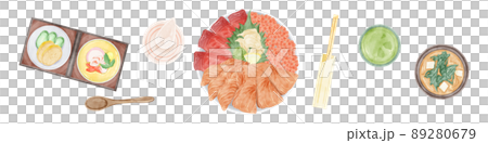 上から見た海鮮丼の手描き水彩風イラスト 89280679