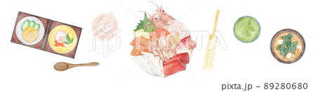 上から見た海鮮丼の手描き水彩風イラスト 89280680