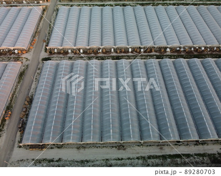 Aerial drone view of huge areas greenhouse for growing vegetables. Greenhouse farming, agriculture industry. Flying over large industrial greenhouses at sunset. 89280703