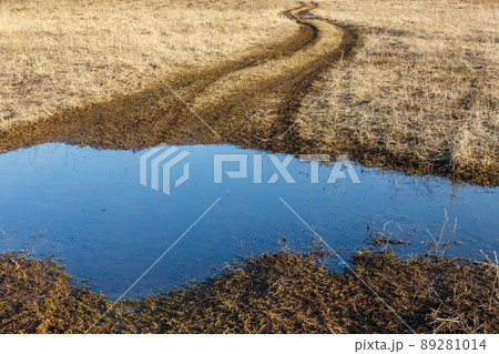 Country road in early spring season. Mud and puddle Country road in early spring season. Mud and puddle 89281014