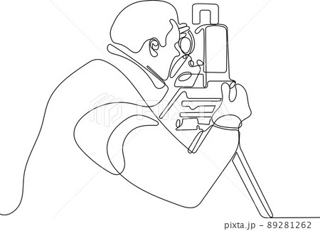 Surveyor with a tripod icon. man in helmet and a geodesic tripod. linear illustration