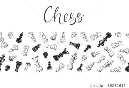 Chess pieces seamless border. Background of the intellectual game. Hand-drawn vector illustration for a chess club, tournaments banner, frame, brochure background 89281615