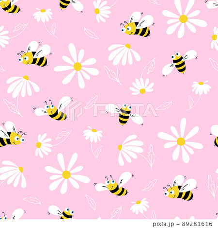 Daisy and bee seamless pattern. Flowers, petals and cartoon bees on a pink background. Vector illustration 89281616