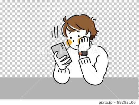 Illustration of a man who feels sad when he sees a smartphone 89282106