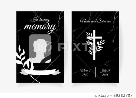 Funeral card template design with branches place under photo cross name and dates of death. Vector illustration in black and white 89282707
