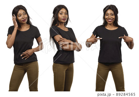 Young black woman wearing blank black shirt Young black woman wearing blank black shirt 89284565
