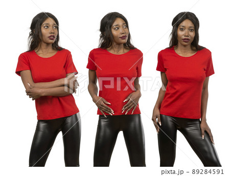 Young black woman wearing blank red shirt Young black woman wearing blank red shirt 89284591
