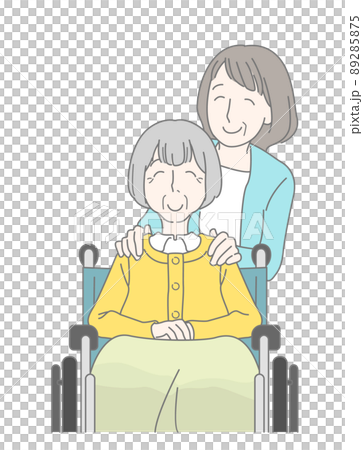 A daughter who puts her hand on the shoulder of an old woman in a wheelchair-parent and child, mother and daughter, long-term care A daughter who puts her hand on the shoulder of an old woman in a wheelchair-parent and child, mother and daughter, long-term care 89285875