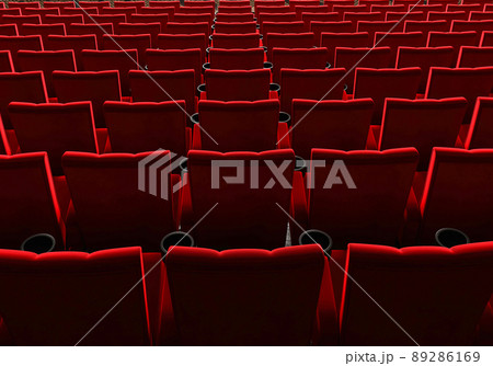 Rows of red velvet seats watching movies in the cinema with copy space banner background. Entertainment and Theater concept. 3D illustration rendering Rows of red velvet seats watching movies in the cinema with copy space banner background. Entertainment and Theater concept. 3D illustration rendering 89286169
