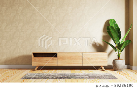Wooden cupboard cabinet on the middle of modern living room with raw concrete wall background. Interior and Architecture concept. 3D illustration rendering 89286190