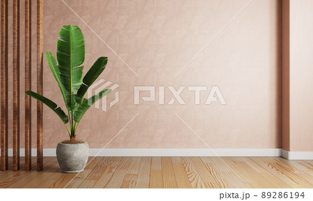 Banana plant pot in the red coral color living room with raw concrete wall background. Interior and Architecture concept. 3D illustration rendering Banana plant pot in the red coral color living room with raw concrete wall background. Interior and Architecture concept. 3D illustration rendering 89286194
