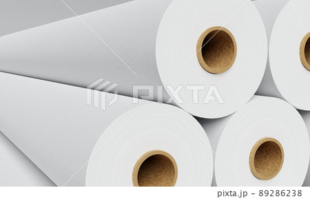 Group of white paper rolls in industrial factory for storage background. Production and manufacturing concept. 3D illustration rendering 89286238
