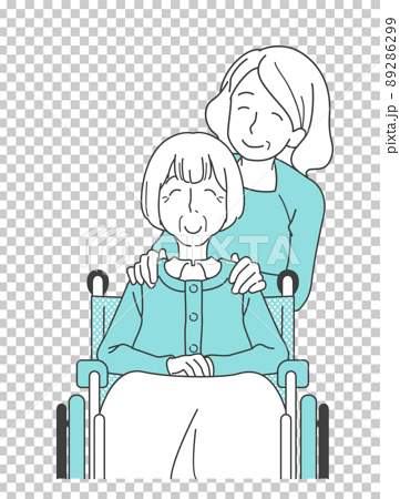 車椅子のおばあさんの肩に手を添えて微笑む女性 - 介護、福祉 89286299