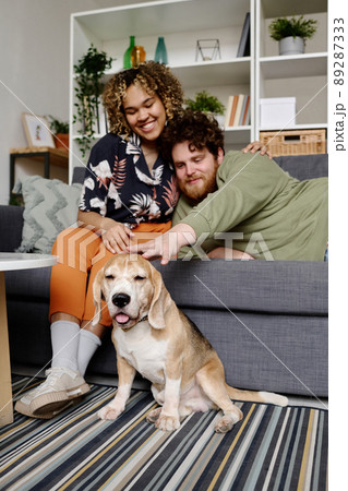 Happy multiethniccouple spending leisure time on sofa with their dog sitting on floor and enjoying from their affection Happy multiethniccouple spending leisure time on sofa with their dog sitting on floor and enjoying from their affection 89287333