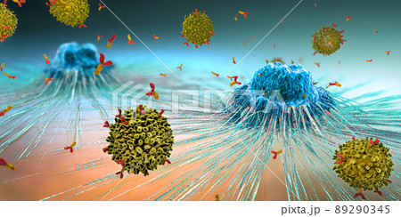 Lymphocytes cell in the immune system reacting and attacking a spreading cancer cell - 3d illustration 89290345