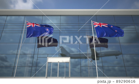 Flags of New Zealand in the airport and landing commercial plane. 3D rendering Flags of New Zealand in the airport and landing commercial plane. 3D rendering 89290616