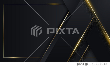 3D modern luxury template design black and golden triangles stripes with gold glitter line light sparking on dark background 89295048