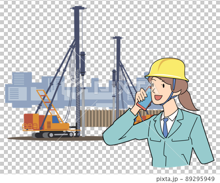 スマホを用いて杭打機を遠隔操作する女性作業員 89295949