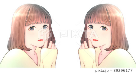 髪の艶があるボブヘアの若い女性のカラーイラスト 背景無し 服 黄 左右対称のセットのイラスト素材