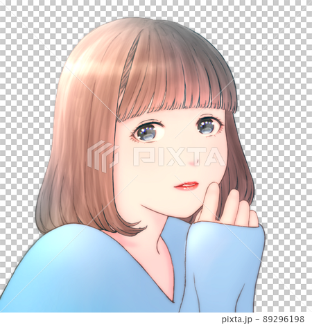 Color illustration of a young woman with shiny bob hair, no background, clothes = blue, flipped version Color illustration of a young woman with shiny bob hair, no background, clothes = blue, flipped version 89296198