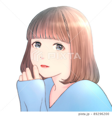 髪の艶があるボブヘアの若い女性のカラーイラスト 背景無し 服 青のイラスト素材 2960