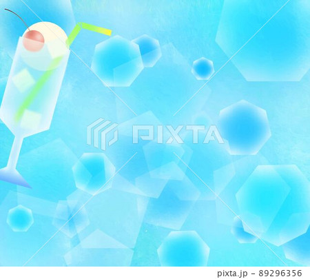 バニラアイスの入ったさくらんぼ入りクリームソーダと氷バックの夏の涼しいおしゃれな水色背景素材イラスト 89296356