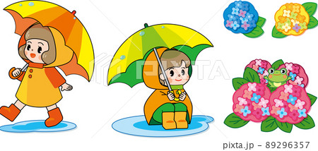 傘とレインコートを着た子供・紫陽花・カエルのイラストセット 89296357