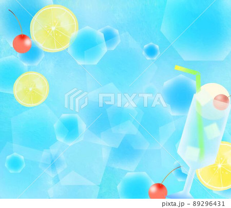 バニラアイスとさくらんぼのクリームソーダとチェリーとレモンの夏の涼しいおしゃれな水色背景素材イラスト 89296431