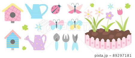 Spring garden with soil and flowers plants set 89297181
