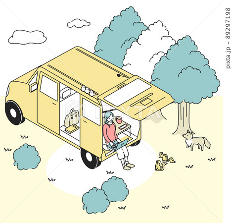 自然の中で車を利用してワーケーションをする女性 自然の中で車を利用してワーケーションをする女性 89297198