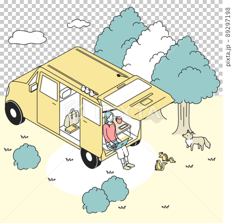 自然の中で車を利用してワーケーションをする女性 自然の中で車を利用してワーケーションをする女性 89297198