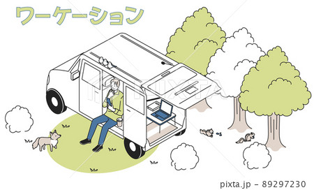 自然の中で車を利用してワーケーションをする男性 自然の中で車を利用してワーケーションをする男性 89297230