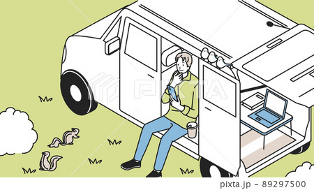 自然の中で車を利用してワーケーションをする男性 自然の中で車を利用してワーケーションをする男性 89297500