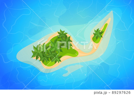 Tropical island top view, resort with palm trees, sand and waves in cartoon style isolated on white background. Summer aerial, landscape. 89297626