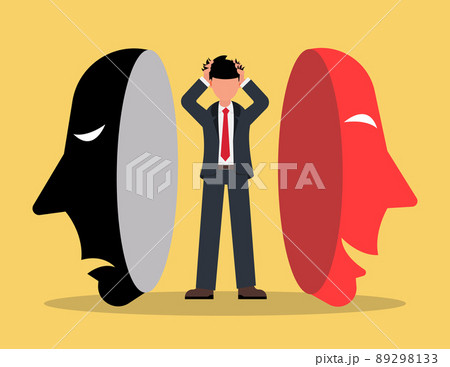 Fake faces and emotions. Businessman searching identity masks with happy or sad expressions Fake faces and emotions. Businessman searching identity masks with happy or sad expressions 89298133